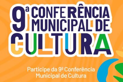 Arte oficial da Prefeitura de Guarulhos anunciando as inscrições para a Conferência Municipal de Cultura.