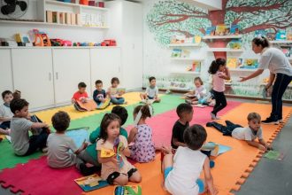 Professora em sala de aula durante atividade de educação infantil em Guarulhos