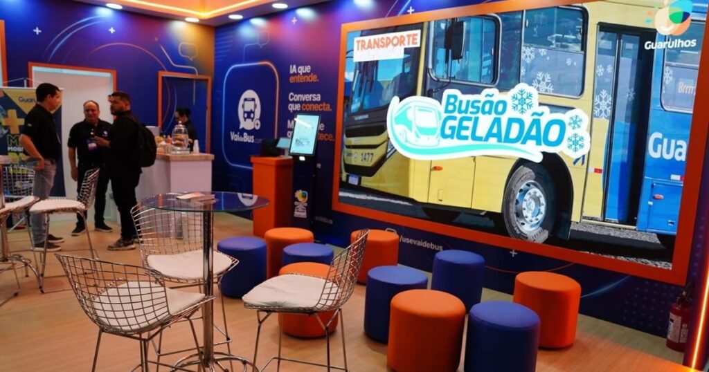 Interface do aplicativo GuaruMobi+ de mobilidade urbana de Guarulhos apresentado na LAT.BUS 2026