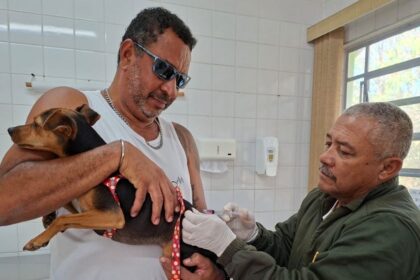 Veterinário aplica vacina antirrábica em cachorro no Centro de Controle de Zoonoses de Guarulhos
